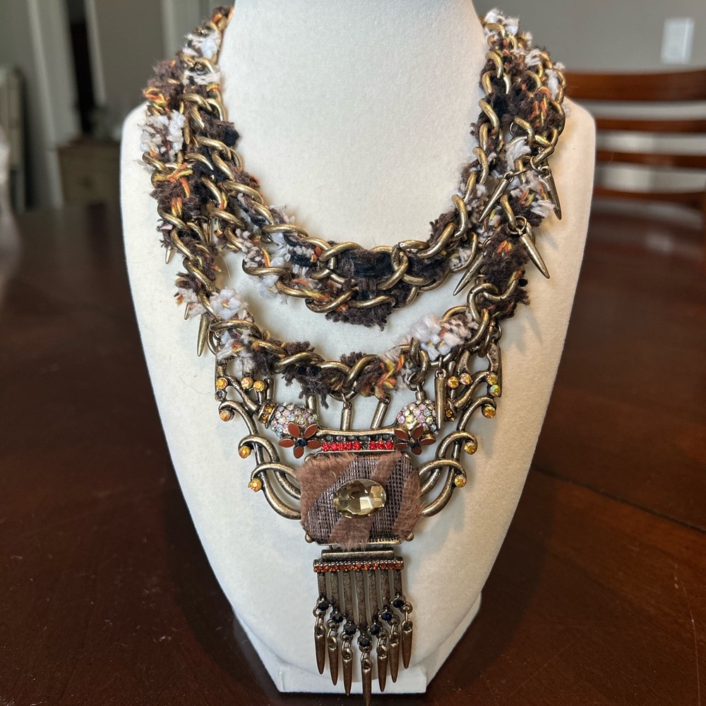 Statement Layered Brown and Gold Necklace with Ornate Pendant